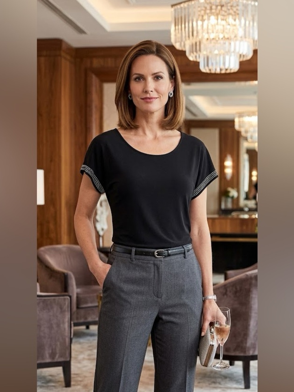 Ava James Black Short Sleeve Casual Top with Bling on Cuff Size Small Classy